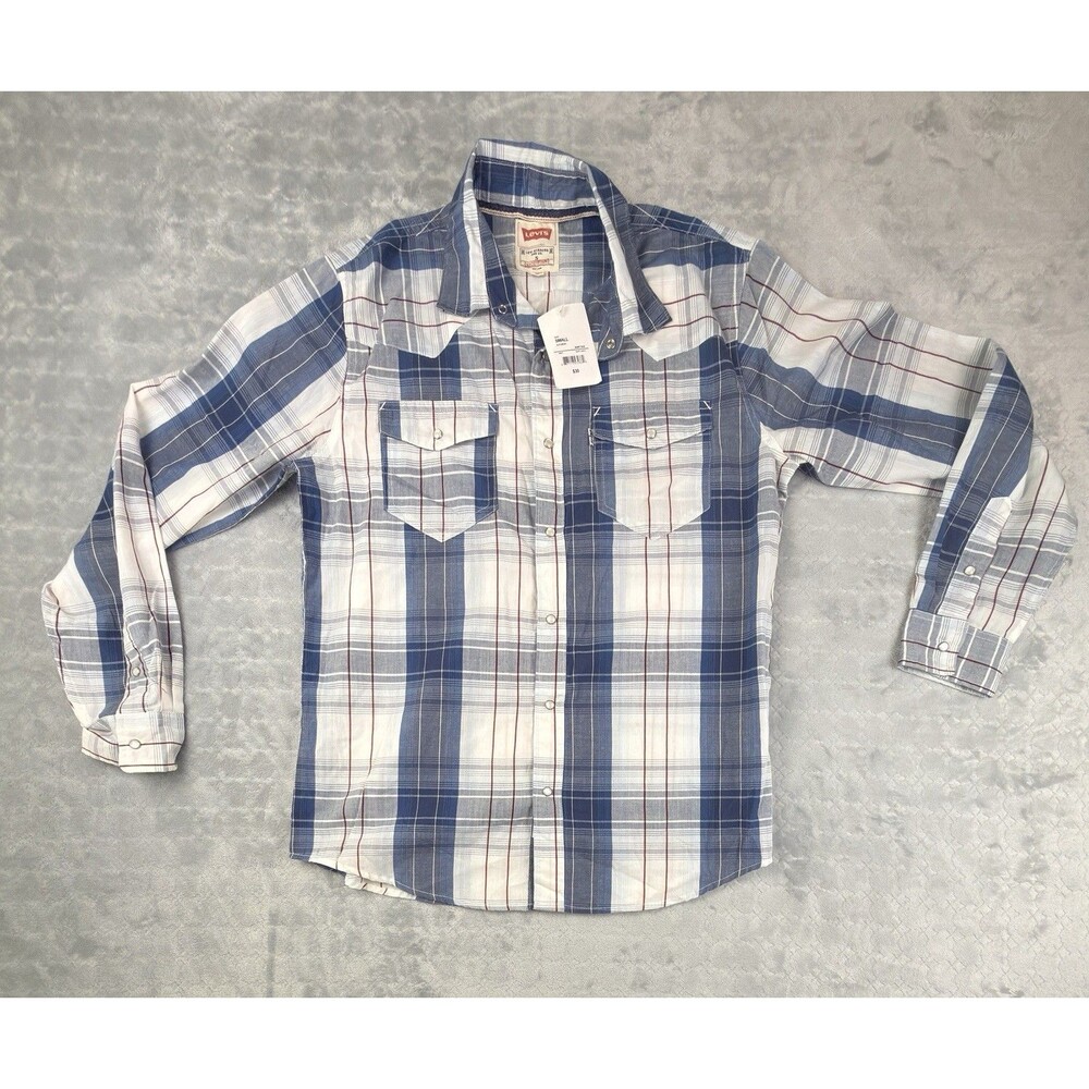 Levis Mens Small Plaid Western Shirt Blue/Red Snap Button Long Sleeve